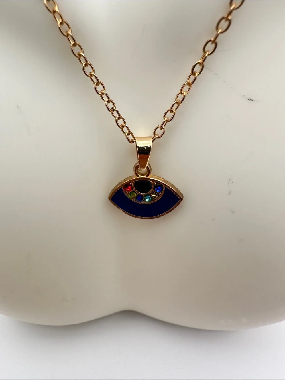 Gold-Tone Evil Eye Pendant Necklace with Blue Enamel and Multicolor Stones